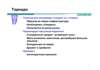 Торнадо

    • Технические менеджеры следуют со «стадом»
       • Переход на новую инфраструктуру
       • Необходимы стандарты
       • Полагаются на долю рынка
    • Превалирует массовый маркетинг
       • Стандартный продукт «устраивает всех»
       • Мало внимания заказчикам, дистрибуция больших
         объемов
       • Конкуренция на марже
       • Думают о продукте
    • Примеры:
       • Антипиратская кампания



                                                         16
 