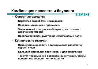 Комбинация пропасти и боулинга
• Основные сходства
   Стратегия разработки ниши рынка
   Целевые заказчики – прагматики
   Законченный продукт необходим для создания
   цепочки стоимости
   Предложения базируются на «излечивании боли»
• Критические отличия
   Пересечение пропасти подразумевает разработку
   первой ниши
   Больший риск и для партнеров, и для заказчиков
   Требует чрезвычайно болезненной ситуации, чтобы
   продвигать восприятие технологии

                                                     19
 