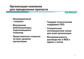 Организация компании
для преодолении пропасти


• Инновационный
  «спецназ»                • Твердая политическая
• Внутренние                 поддержка CEO
  революционеры,           • Специальная
  подчиняющиеся              мотивационная схема
  главному                   для всей организации
• Представители спецназа   • Восприимчивость
  на всех уровнях            руководства и R&D к
  организации                идеям с полей




                                                    28
 