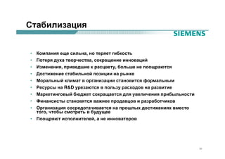 Стабилизация


• Компания еще сильна, но теряет гибкость
• Потеря духа творчества, сокращение инноваций
• Изменения, приведшие к расцвету, больше не поощраются
• Достижение стабильной позиции на рынке
• Моральный климат в организации становится формальным
• Ресурсы на R&D урезаются в пользу расходов на развитие
• Маркетинговый бюджет сокращается для увеличения прибыльности
• Финансисты становятся важнее продавцов и разработчиков
• Организация сосредотачивается на прошлых достижениях вместо
  того, чтобы смотреть в будущее
• Поощряют исполнителей, а не инноваторов




                                                                 38
 