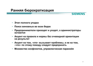 Ранняя бюрократизация


• Этап полного упадка
• Поиск виновных во всех бедах
• Предприниматели приходят и уходят, а администраторы
  остаются
• Акцент на правила и нормы без очевидной ориентации
  на результат
• Акцент на том, «кто» вызывает проблемы, а не на том,
  «что» по этому поводу следует предпринять
• Множество конфликтов, управленческая паранойя




                                                         40
 