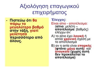 Αξιολόγηση επαγωγικού επιχειρήματος Πιστεύω ότι  θα πάρω το μεγαλύτερο βαθμό  στην τάξη,  γιατί μελέτησα  περισσότερο από όλους.  Έλεγχος:   Είναι αίτιο - αποτέλεσμα:  ( αίτιο : μελέτη –  αποτέλεσμα : βαθμός)   ελέγχω αν:  Α) το αίτιο έχει  λογική  ή απλά  χρονική  σχέση με το αποτέλεσμα Β) αν η αιτία είναι  επαρκής ( φτάνει   μόνο   αυτή )  και  αναγκαία  (χωρίς αυτή δεν προκαλείται το αποτέλεσμα) 