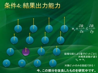 #4 Individual addressing




                                    磁場勾配により量子ビットごとに
                                              共鳴周波数が違う
                                         1 S ⇔ 3P
                                            0    2


                                    対象ビットのみを励起できる！

                           今、この部分を改良したものを研究中です。
 