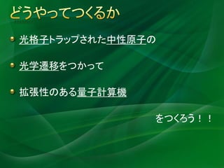 Abstract


  光格子トラップされた中性原子の

  光学遷移をつかって

  拡張性のある量子計算機

                をつくろう！！
 