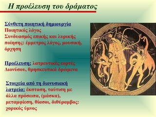 Σύνθετη ποιητική δημιουργία   Ποιητικός λόγος Συνδυασμός επικής και λυρικής ποίησης: έμμετρος λόγος, μουσική, όρχηση Προέλευση:   λατρευτικές εορτές Διονύσου, θρησκευτικά δρώμενα Στοιχεία από τη διονυσιακή   λατρεία:   έκσταση, ταύτιση με άλλα πρόσωπα, (μάσκα), μεταμφίεση, θίασοι, διθύραμβος: χορικός ύμνος   Η προέλευση του δράματος 