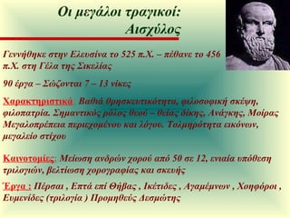 Χαρακτηριστικά :   Βαθιά θρησκευτικότητα, φιλοσοφική σκέψη, φιλοπατρία. Σημαντικός ρόλος θεού – θείας δίκης, Ανάγκης, Μοίρας Μεγαλοπρέπεια περιεχομένου και λόγου. Τολμηρότητα εικόνων, μεγαλείο στίχου Γεννήθηκε στην Ελευσίνα το 525 π.Χ. – πέθανε το 456 π.Χ. στη Γέλα της Σικελίας 90 έργα – Σώζονται 7 – 13 νίκες Καινοτομίες :   Μείωση ανδρών χορού από 50 σε 12, ενιαία υπόθεση τριλογιών, βελτίωση χορογραφίας και σκευής Έργα   :   Πέρσαι , Επτά επί Θήβας , Ικέτιδες , Αγαμέμνων , Χοηφόροι , Ευμενίδες (τριλογία ) Προμηθεύς Δεσμώτης   Οι μεγάλοι τραγικοί: Αισχύλος 