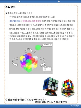 스킬 큐브수 많은 조합 공식을 갖고 있는 루빅스큐브-> 큐브에 담겨 있는 나만의 스킬,조합Lee . JungPyoWrite by 2009.11.24