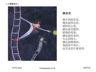 摘星星 摘不到的星星， 總是最閃亮的。 溜掉的小魚， 總是最美麗的。 錯過的電影， 總是最好看的。 失去的情人， 總是最懂我的。 我始終不明白， 這究竟是什麼道理。 