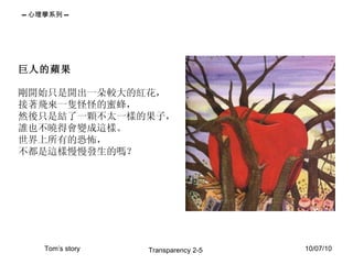 巨人的蘋果 剛開始只是開出一朵較大的紅花， 接著飛來一隻怪怪的蜜蜂， 然後只是結了一顆不太一樣的果子， 誰也不曉得會變成這樣。 世界上所有的恐怖， 不都是這樣慢慢發生的嗎？  