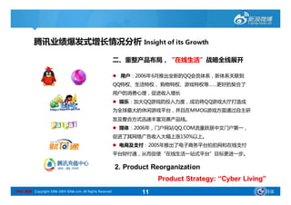 腾讯业绩爆发式增长情况分析 Insight of its Growth

                                                            二、重整产品布局，“在线生活”
                                                            二、重整产品布局，“在线生活”战略全线展开

                                                             用户：2006年6月推出全新的QQ会员体系，新体系关联到
                                                            QQ特权、生活特权 、购物特权、游戏特权等……更好的契合了
                                                            用户的消费心理，促进收入增长
                                                             娱乐：加大QQ游戏的投入力度，成功将QQ游戏大厅打造成
                                                            为全球最大的休闲游戏平台，并且在MMOG游戏方面通过自主研
                                                            发及整合方式迅速丰富完善产品线。
                                                             媒体：2006年，门户网站QQ.COM流量跃居中文门户第一，
                                                            促进了其网络广告收入大幅上涨150%以上。
                                                             电商及支付：2005年推出了电子商务平台拍拍网和在线支付
                                                            平台财付通，从而促使“在线生活一站式平台”目标更进一步。

                                                            2. Product Reorganization
                                                                        Product Strategy: “Cyber Living”
                                                                                                 Living”
SINA 新浪 Copyright 1996-2009 SINA.com. All Rights Reserved          11                                  导读
 