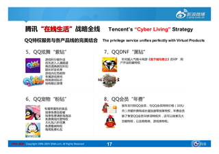 腾讯“在线生活”战略全线                                         Tencent’
                                                               Tencent’s “Cyber Living” Strategy
                                                                                Living”

          QQ特权服务与各产品线的完美结合
          QQ特权服务与各产品线的完美结合                                  The privilege service unifies perfectly with Virtual Products


           5、QQ炫舞“紫钻”
             QQ炫舞“紫钻”                                       7、QQDNF“黑钻”
                                                              QQDNF“黑钻”
                          游戏积分额外送                                      针对超人气格斗网游《地下城与勇士》的VIP 用
                          优先进入人满频道                                    户开设的最特权
                          商店道具疯狂折扣
                          超长好友名单
                          游戏内红色昵称
                          专属游戏房间
                          特殊房间标志
                          独有酷比表情




           6、QQ宠物“粉钻”
             QQ宠物“粉钻”                                       8、QQ会员“年费”
                                                              QQ会员“年费”
                                                                       按年支付的QQ会员，与QQ会员同样价格（10元/
                          专属带属性的食品
                                                                       月）并额外拥有成长值加速等独享特权，年费会员
                          独享免费自助餐
                          独享免费清新泡泡浴                                    除了享受QQ会员50多项特权外，还可以独享五大
                          免费离线托管特权
                          大礼包八折优惠                                      功能特权，以及购物类、游戏类特权。
                          免费看病特权
                          每周免费礼包




SINA 新浪 Copyright 1996-2009 SINA.com. All Rights Reserved     17                                                      导读
 