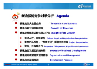 新浪微博竞争对手分析 Agenda

                         腾讯的三大主营业务                                 Tencent’s Core Business

                         腾讯历年业绩发展数据                                Growth of Revenue

                         腾讯业绩爆发式增长情况分析 Insight of its Growth

                                 引进人才，重组架构                    Talents Recruit and Organizations Reorganization

                                 重整产品布局，“在线生活”略略全线开展 Product Reorganization
                                 整合、并购及合作                  Integration / Mergers and Acquisitions / Cooperaction

                         腾讯业务发展的战略布局                               Strategy of Business Development

                         腾讯的组织架构及管理体系 Organization and Management

                         腾讯未来发展预测                                  Development Forecast

SINA 新浪 Copyright 1996-2009 SINA.com. All Rights Reserved       2                                              导读
 