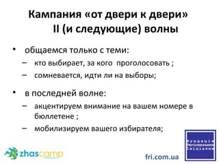 Кампания «от двери к двери»  II  (и следующие)   волны общаемся только с теми:  кто выбирает, за кого  проголосовать ; сомневается, идти ли на выборы; в последней волне: акцентируем внимание на вашем номере в бюллетене ; мобилизируем вашего избирателя; fri.com.ua 