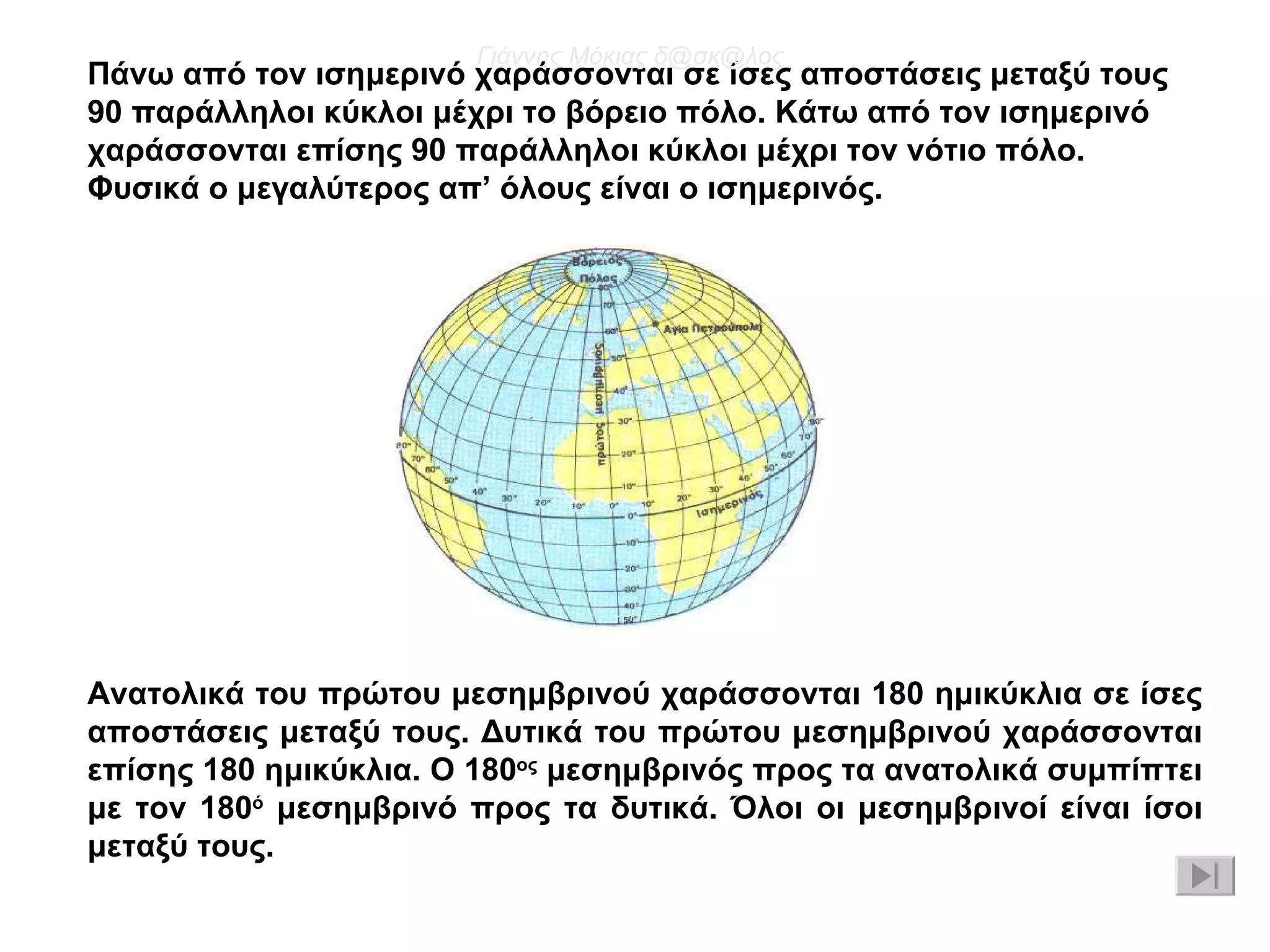 Πάνω από τον ισημερινό χαράσσονται σε ίσες αποστάσεις μεταξύ τους  90 παράλληλοι κύκλοι μέχρι το βόρειο πόλο. Κάτω από τον ισημερινό  χαράσσονται επίσης 90 παράλληλοι κύκλοι μέχρι τον νότιο πόλο.  Φυσικά ο μεγαλύτερος απ’ όλους είναι ο ισημερινός. Ανατολικά του πρώτου μεσημβρινού χαράσσονται 180 ημικύκλια σε ίσες αποστάσεις μεταξύ τους. Δυτικά του πρώτου μεσημβρινού χαράσσονται επίσης 180 ημικύκλια. Ο 180 ος  μεσημβρινός προς τα ανατολικά συμπίπτει με τον 180 ό  μεσημβρινό προς τα δυτικά. Όλοι οι μεσημβρινοί είναι ίσοι μεταξύ τους. Γιάννης Μόκιας δ@σκ@λος 