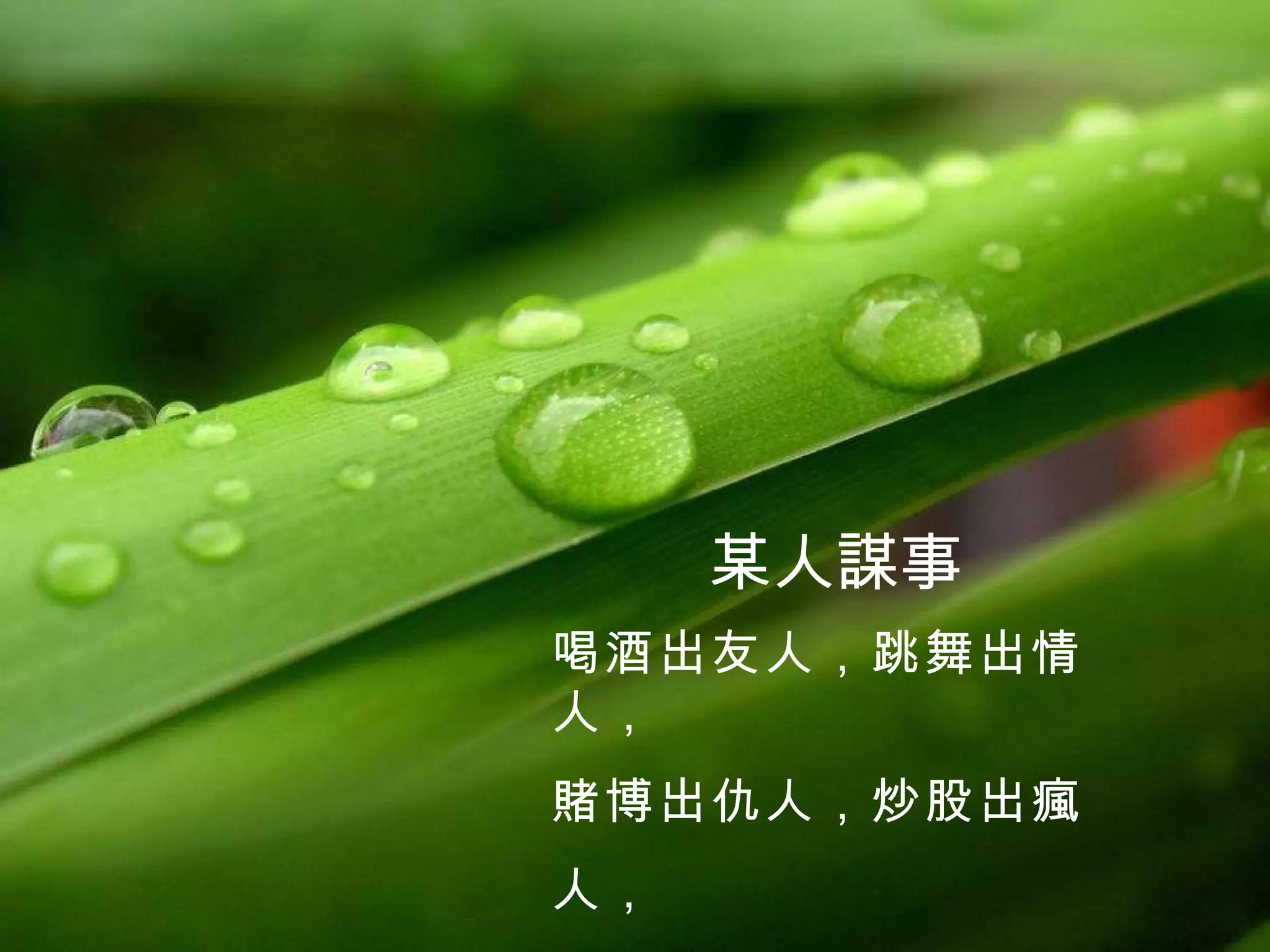 某人謀事 喝酒出友人，跳舞出情人， 賭 博出仇人，炒股出 瘋 人， 忽悠出名人。 