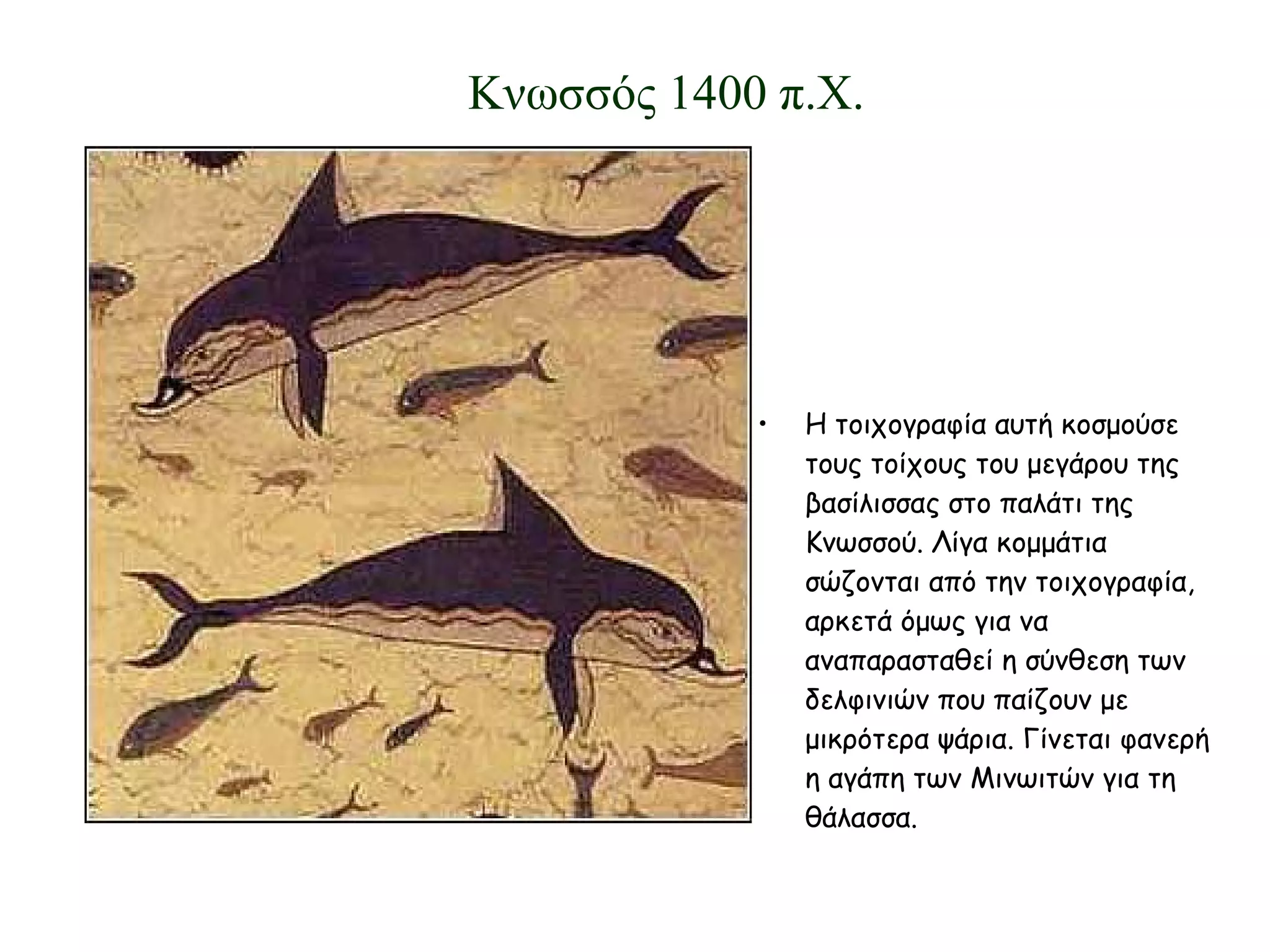 Η τοιχογραφία αυτή κοσμούσε τους τοίχους του μεγάρου της βασίλισσας στο παλάτι της Κνωσσού. Λίγα κομμάτια σώζονται από την τοιχογραφία, αρκετά όμως για να αναπαρασταθεί η σύνθεση των δελφινιών που παίζουν με μικρότερα ψάρια. Γίνεται φανερή η αγάπη των Μινωιτών για τη θάλασσα. Κνωσσός 1400 π.Χ. 