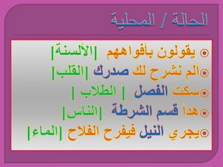 الحالة / المحلية يقولون بأفواههم [الألسنة] ألم نشرح لك صدرك [القلب]سكت الفصل [ الطلاب ]هدأ قسم الشرطة  [الناس]يجري النيل فيفرح الفلاح [الماء] 