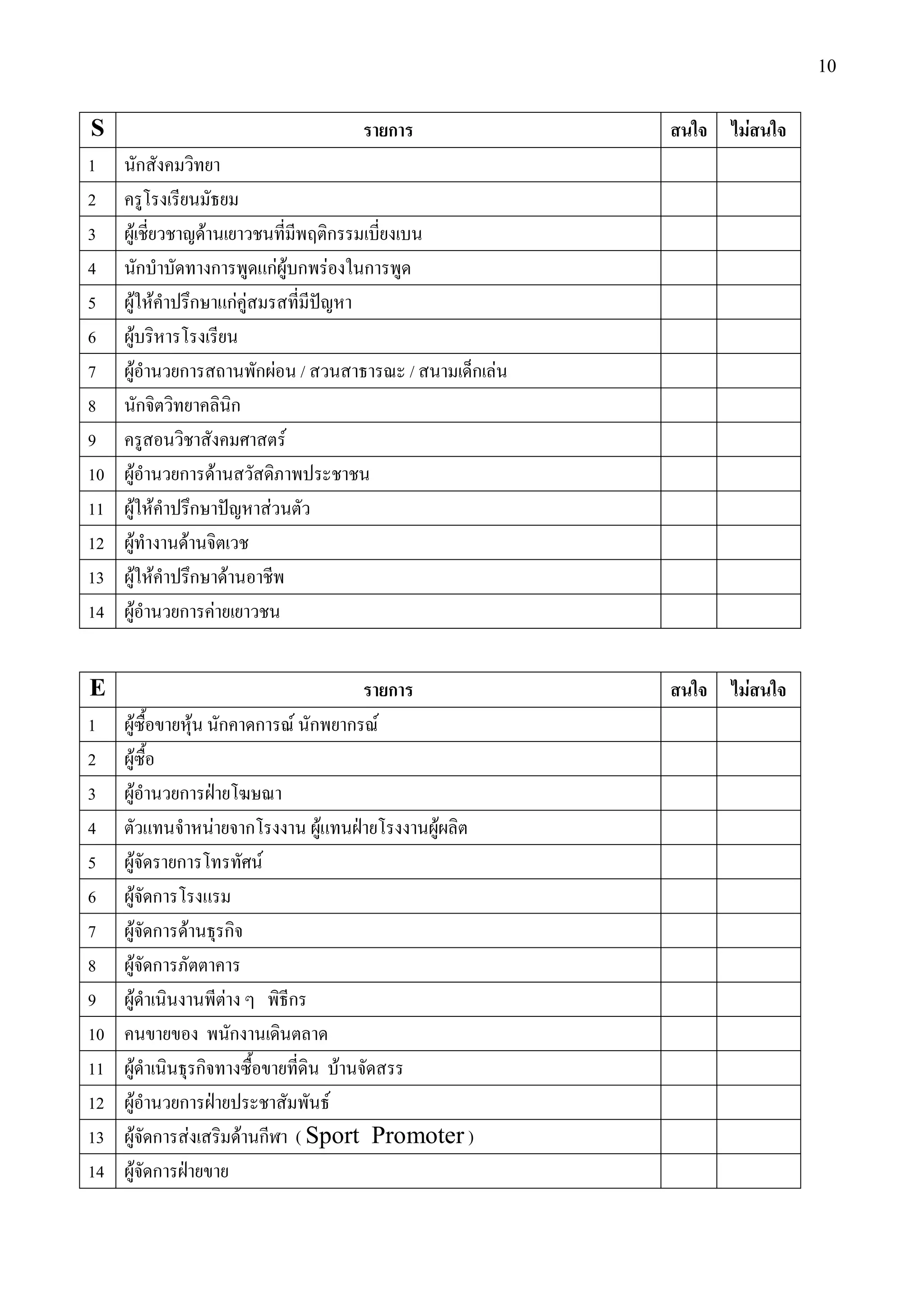 10


S                                                                                              ก                 F
1        ก
2
3    F                       F                                          ก
4        ก                       ก                               กF F ก F                 ก
5    F F                 ก                       กF F
6    F
7    F       ก                                               กF              /                     /       ก F
8        ก                                           ก
9                                                                    F
10   F       ก                           F
11   F F                 ก                                       F
12   F               F
13   F F                 ก                       F
14   F       ก                       F


E                                                                                              ก                 F
1    F                   F                   ก               ก           F ก             ก F
2    F
3    F       ก
4                                F                       ก                       F                     F
5    F       ก                                               F
6    F ก
7     F ก        F                           ก
8      F ก
9    F                                       F                           ก
10                                                   ก
11   F                       ก                                                       F
12   F    ก                                                                  F
13   F ก F                                               F ก             ( Sport Promoter )
14    F ก
 