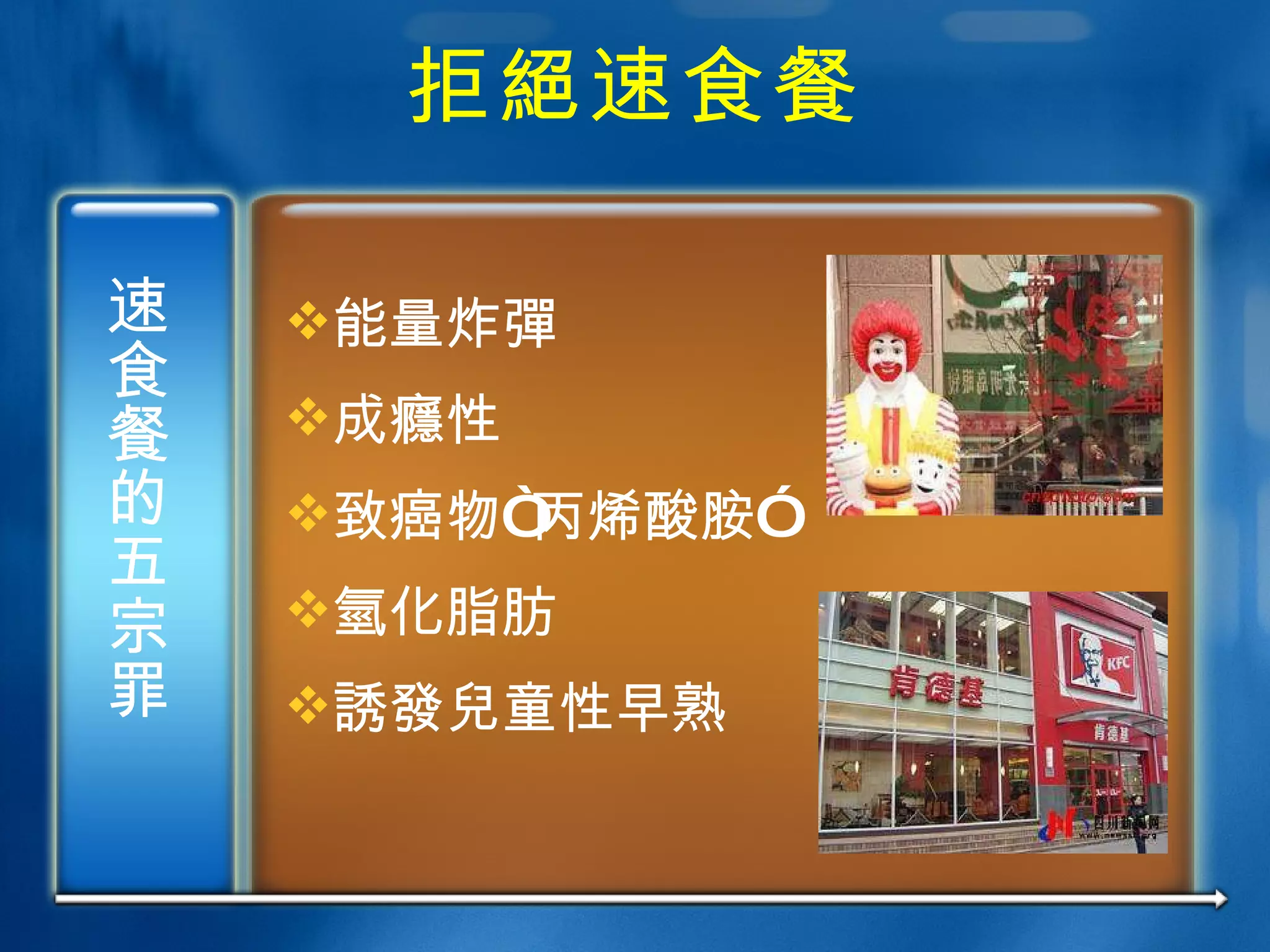 拒 絕速食 餐 速食 餐的五宗罪 能量炸 彈   成 癮 性  致癌物“丙烯酸胺” 氫 化脂肪  誘發兒 童性早熟 