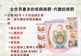 全世界最多的疾病族群 — 代謝症候群 依據 92 年十大死因統計資料，與代謝症候群相關疾病 腦血管疾病 心臟疾病 糖尿病 腎病變 高血壓 等之標準化死亡率總計 (134.4/10 6 )  已超過惡性腫瘤 (124.9/10 6  ) 