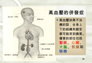 高血壓的併發症 高血壓如果不治療的話，全身上下的組織和器官都可能受到損害。傷害的部位包括 動脈 、 心臟 、 大腦 、 腎臟 和 眼睛 