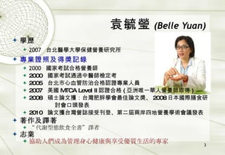 袁毓瑩 (Belle Yuan) 學歷 2007  台北醫學大學保健營養研究所 專業證照及得獎記錄 2000  國家考試合格營養師 2000  國家考試通過中醫師檢定考 2005  台北市心血管防治合格認證專業人員 2007  美國 MTCA Level II 認證合格 ( 亞洲唯一華人營養師取得 ) 2008  碩士論文獲：台灣肥胖學會最佳論文獎、 2008 日本國際膳食研 討會口頭發表 2010  論文獲台灣營誌接受刊登、第二屆兩岸四地營養學術會議發表 著作及譯著 “ 代謝型態飲食全書”譯者 志業 協助人們成為管理身心健康與享受優質生活的專家 