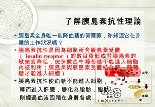 了解胰島素抗性理論 胰島素全身唯一能降血糖的荷爾蒙，你知道它在身體的工作狀況嗎？ 胰島素抗性是因為細胞所含胰島素受體（ insulin receptor ）的數目降低或對胰島素的敏感度降低，使多數血中葡萄糖不能進入細胞內被利用（胰島素與胰島素受體結合時，葡萄糖才能進入細胞） 胰島素抗性使血糖不能進入細胞， 轉而進入肝臟，變化為脂肪，脂肪 則經過血液囤積在身體各處 
