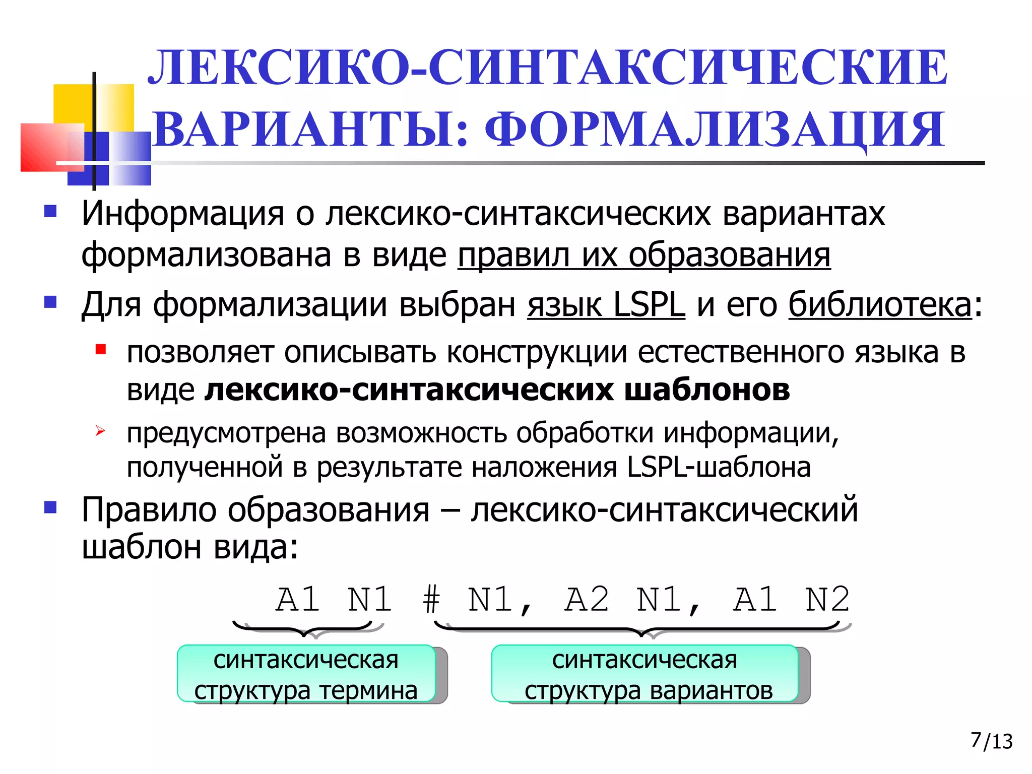 ЛЕКСИКО-СИНТАКСИЧЕСКИЕ ВАРИАНТЫ: ФОРМАЛИЗАЦИЯ Информация о лексико-синтаксических вариантах формализована в виде  правил их образования   Для формализации выбран  язык  LSPL  и его  библиотека : позволяет описывать конструкции естественного языка в виде  лексико-синтаксических шаблонов предусмотрена возможность обработки информации, полученной в результате наложения  LSPL- шаблона Правило образования – лексико-синтаксический шаблон вида:   A1   N1 # N1, A2   N1, A1   N2 синтаксическая структура термина синтаксическая структура вариантов 