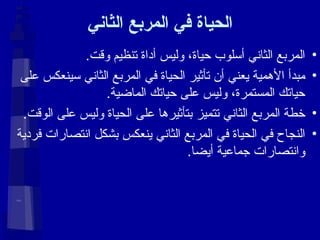 الحياة في المربع الثاني المربع الثاني أسلوب حياة، وليس أداة تنظيم وقت. مبدأ الأهمية يعني أن تأثير الحياة في المربع الثاني سينعكس على حياتك المستمرة، وليس على حياتك الماضية. خطة المربع الثاني تتميز بتأثيرها على الحياة وليس على الوقت. النجاح في الحياة في المربع الثاني ينعكس بشكل انتصارات فردية وانتصارات جماعية أيضا. 
