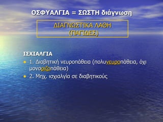 ΟΣΦΥΑΛΓΙΑ = ΣΩΣΤΗ διάγνωση ΙΣΧΙΑΛΓΙΑ 1. Διαβητική νευροπάθεια (πολυ νευρο πάθεια, όχι μονο ριζο πάθεια)  2. Μηχ. ισχιαλγία σε διαβητικούς ΔΙΑΓΝΩΣΤΙΚΑ ΛΑΘΗ  (ΠΑΓΙΔΕΣ) 