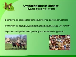 Старопланинска област Трудова дейност на хората В областта се развиват животновъдството и растениевъдството /отглеждат се  овес, ръж, картофи, сливи, малини и др ./.На големи- те реки са построени електроцентрали.Развива се туризмът . 