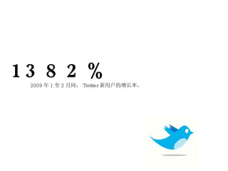 1382% 2009 年 1 至 2 月间， Twitter 新用户的增长率。 