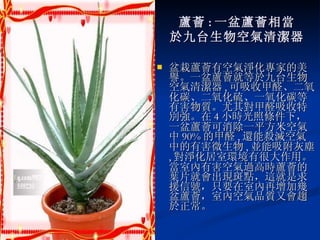蘆薈 : 一盆蘆薈相當 於九台生物空氣清潔器 盆栽蘆薈有空氣淨化專家的美譽。一盆蘆薈就等於九台生物空氣清潔器 , 可吸收甲醛、二氧化碳、二氧化硫、一氧化碳等有害物質。尤其對甲醛吸收特別強。在 4 小時光照條件下，一盆蘆薈可消除一平方米空氣中 90% 的甲醛 , 還能殺滅空氣中的有害微生物 , 並能吸附灰塵 , 對淨化居室環境有很大作用。當室內有害空氣過高時蘆薈的葉片就會出現斑點，這就是求援信號，只要在室內再增加幾盆蘆薈，室內空氣品質又會趨於正常。 