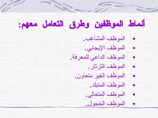 أنماط الموظفين وطرق التعامل معهم :   الموظف المشاغب . الموظف الإيجابي . الموظف الداعي للمعرفة . الموظف الثرثار . الموظف الغير متعاون . الموظف المتبلد . الموظف المتعالي . الموظف الخجول . 