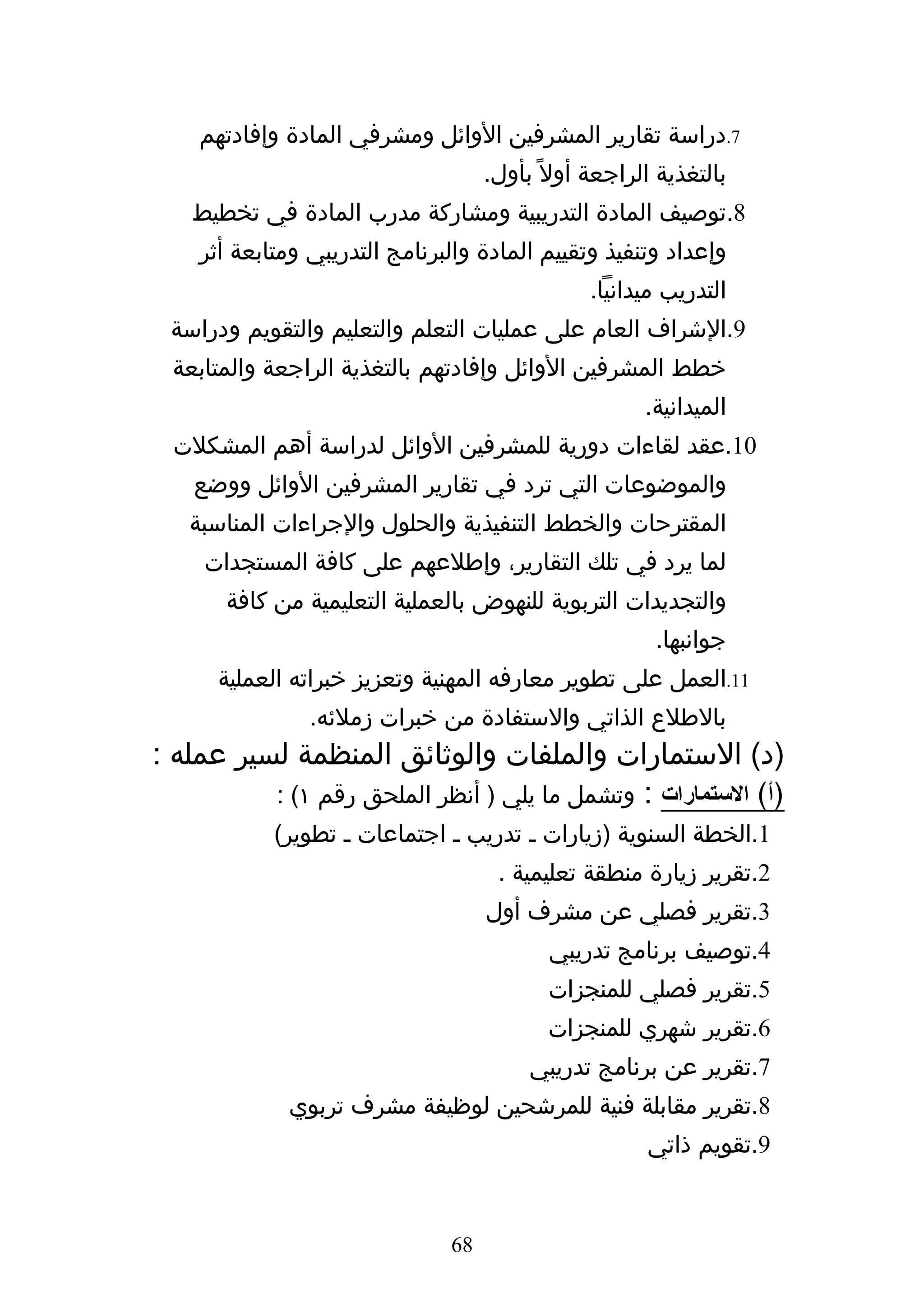 ‫7.دراسة تقارير المشرفين الوائل ومشرفي المادة وإفادتهم‬
                                    ‫بالتغذية الراجعة أول ً بأول.‬
   ‫8.توصيف المادة التدريبية ومشاركة مدرب المادة في تخطيط‬
    ‫وإعداد وتنفيذ وتقييم المادة والبرنامج التدريبي ومتابعة أثر‬
                                                ‫التدريب ميدانيا.‬
 ‫9.الشراف العام على عمليات التعلم والتعليم والتقويم ودراسة‬
 ‫خطط المشرفين الوائل وإفادتهم بالتغذية الراجعة والمتابعة‬
                                                      ‫الميدانية.‬
 ‫01.عقد لقاءات دورية للمشرفين الوائل لدراسة أهم المشكلت‬
   ‫والموضوعات التي ترد في تقارير المشرفين الوائل ووضع‬
   ‫المقترحات والخطط التنفيذية والحلول والجراءات المناسبة‬
     ‫لما يرد في تلك التقارير، وإطلعهم على كافة المستجدات‬
       ‫والتجديدات التربوية للنهوض بالعملية التعليمية من كافة‬
                                                       ‫جوانبها.‬
      ‫11.العمل على تطوير معارفه المهنية وتعزيز خبراته العملية‬
                ‫بالطلع الذاتي والستفادة من خبرات زملئه.‬
‫)د( الستمارات والملفات والوثائق المنظمة لسير عمله :‬
          ‫)أ( الستمارات : وتشمل ما يلي ) أنظر الملحق رقم ١( :‬
            ‫1.الخطة السنوية )زيارات ه تدريب ه اجتماعات ه تطوير(‬
                                     ‫2.تقرير زيارة منطقة تعليمية .‬
                                    ‫3.تقرير فصلي عن مشرف أول‬
                                           ‫4.توصيف برنامج تدريبي‬
                                           ‫5.تقرير فصلي للمنجزات‬
                                           ‫6.تقرير شهري للمنجزات‬
                                         ‫7.تقرير عن برنامج تدريبي‬
             ‫8.تقرير مقابلة فنية للمرشحين لوظيفة مشرف تربوي‬
                                                      ‫9.تقويم ذاتي‬


                               ‫86‬
 