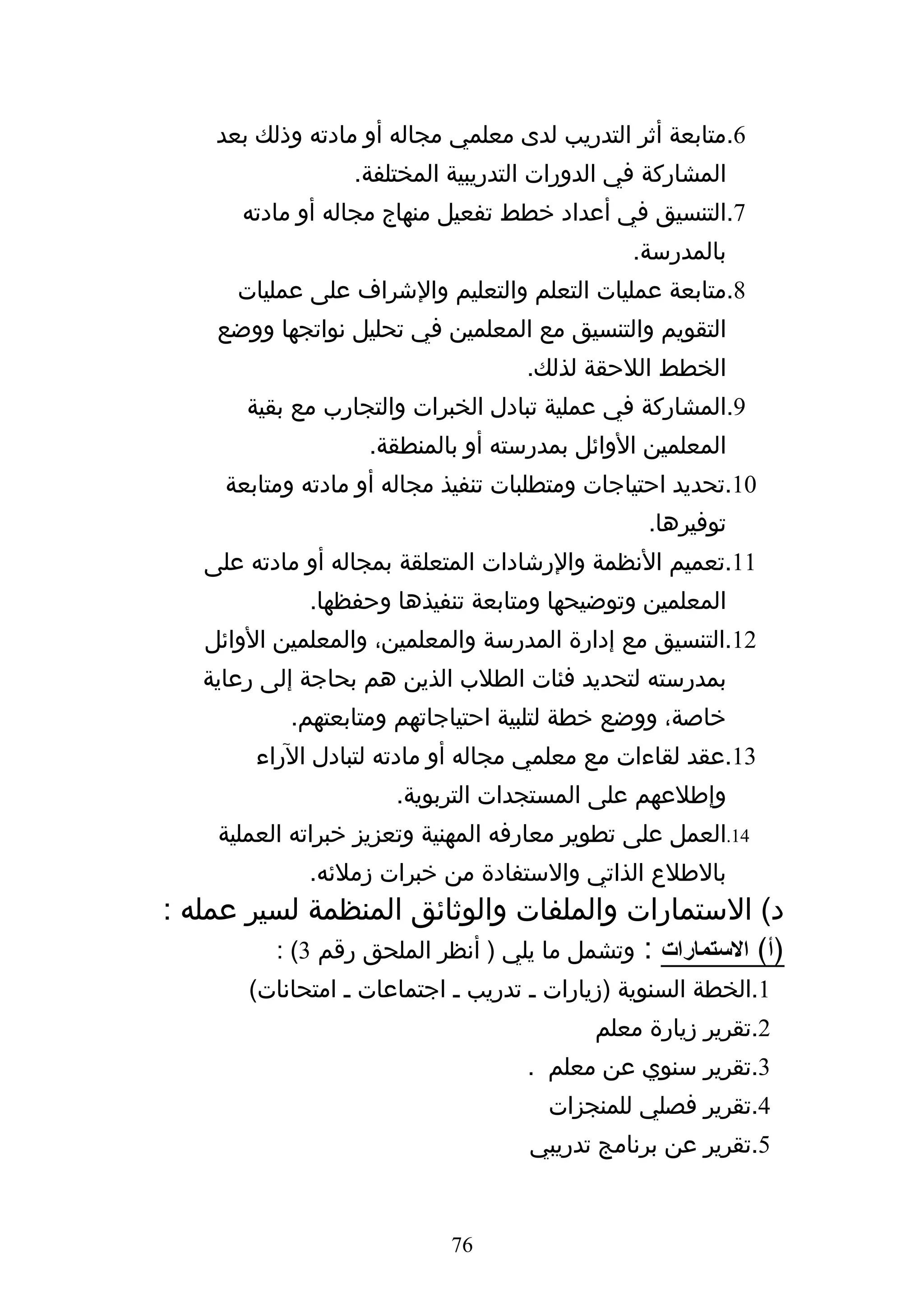 ‫6.متابعة أثر التدريب لدى معلمي مجاله أو مادته وذلك بعد‬
                   ‫المشاركة في الدورات التدريبية المختلفة.‬
       ‫7.التنسيق في أعداد خطط تفعيل منهاج مجاله أو مادته‬
                                                ‫بالمدرسة.‬
       ‫8.متابعة عمليات التعلم والتعليم والشراف على عمليات‬
     ‫التقويم والتنسيق مع المعلمين في تحليل نواتجها ووضع‬
                                     ‫الخطط اللحقة لذلك.‬
        ‫9.المشاركة في عملية تبادل الخبرات والتجارب مع بقية‬
                    ‫المعلمين الوائل بمدرسته أو بالمنطقة.‬
      ‫01.تحديد احتياجات ومتطلبات تنفيذ مجاله أو مادته ومتابعة‬
                                                 ‫توفيرها.‬
   ‫11.تعميم النظمة والرشادات المتعلقة بمجاله أو مادته على‬
              ‫المعلمين وتوضيحها ومتابعة تنفيذها وحفظها.‬
    ‫21.التنسيق مع إدارة المدرسة والمعلمين، والمعلمين الوائل‬
   ‫بمدرسته لتحديد فئات الطلب الذين هم بحاجة إلى رعاية‬
            ‫خاصة، ووضع خطة لتلبية احتياجاتهم ومتابعتهم.‬
         ‫31.عقد لقاءات مع معلمي مجاله أو مادته لتبادل الراء‬
                       ‫وإطلعهم على المستجدات التربوية.‬
     ‫41.العمل على تطوير معارفه المهنية وتعزيز خبراته العملية‬
              ‫بالطلع الذاتي والستفادة من خبرات زملئه.‬
‫د( الستمارات والملفات والوثائق المنظمة لسير عمله :‬
         ‫)أ( الستمارات : وتشمل ما يلي ) أنظر الملحق رقم 3( :‬
        ‫1.الخطة السنوية )زيارات ه تدريب ه اجتماعات ه امتحانات(‬
                                            ‫2.تقرير زيارة معلم‬
                                     ‫3.تقرير سنوي عن معلم .‬
                                       ‫4.تقرير فصلي للمنجزات‬
                                     ‫5.تقرير عن برنامج تدريبي‬


                             ‫67‬
 