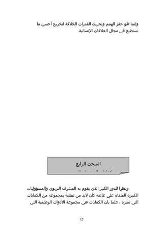 ‫وإنما هو حفز الهمم وتحريك القدرات الخلقة لتخريج أحسن ما‬
                             ‫تستطيع في مجال العلقات النسانية.‬




                           ‫المبحث الرابع‬
                       ‫كفايات المشرف التربوي‬


‫ونظرا للدور الكبير الذي يقوم به المشرف التربوي والمسؤوليات‬
‫الكبيرة الملقاة على عاتقه كان لبد من تمتعه بمجموعة من الكفايات‬
 ‫التي تميزه ، علما بان الكفايات هي مجموعة الدوات الوظيفية التي‬


                              ‫73‬
 