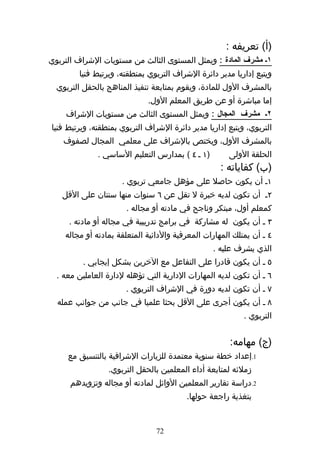 ‫)أ( تعريفه :‬
‫١ك مشرف المادة : ويمثل المستوى الثالث من مستويات الشراف التربوي‬
        ‫ويتبع إداريا مدير دائرة الشراف التربوي بمنطقته، ويرتبط فنيا‬
  ‫بالمشرف الول للمادة، ويقوم بمتابعة تنفيذ المناهج بالحقل التربوي‬
                             ‫إما مباشرة أو عن طريق المعلم الول.‬
    ‫٢ك مشرف المجال : ويمثل المستوى الثالث من مستويات الشراف‬
‫التربوي، ويتبع إداريا مدير دائرة الشراف التربوي بمنطقته، ويرتبط فنيا‬
    ‫بالمشرف الول، ويختص بالشراف على معلمي المجال لصفوف‬
              ‫)١ ه ٤ ( بمدارس التعليم الساسي .‬        ‫الحلقة الولى‬
                                                    ‫)ب( كفاياته :‬
                     ‫١ه أن يكون حاصل على مؤهل جامعي تربوي .‬
   ‫٢ه أن تكون لديه خبرة ل تقل عن ٦ سنوات منها سنتان على القل‬
                       ‫كمعلم أول، مبتكر وناجح في مادته أو مجاله .‬
     ‫٣ ه أن يكون له مشاركة في برامج تدريبية في مجاله أو مادته .‬
    ‫٤ ه أن يمتلك المهارات المعرفية والدائية المتعلقة بمادته أو مجاله‬
                                                 ‫الذي يشرف عليه .‬
         ‫٥ ه أن يكون قادرا على التفاعل مع الخرين بشكل إيجابي .‬
  ‫٦ ه أن تكون لديه المهارات الدارية التي تؤهله لدارة العاملين معه .‬
                       ‫٧ ه أن تكون لديه دورة في الشراف التربوي .‬
  ‫٨ ه أن يكون أجرى على القل بحثا علميا في جانب من جوانب عمله‬
                                                           ‫التربوي .‬


                                                       ‫)ج( مهامه:‬
     ‫1.إعداد خطة سنوية معتمدة للزيارات الشرافية بالتنسيق مع‬
                 ‫زملئه لمتابعة أداء المعلمين بالحقل التربوي.‬
      ‫2.دراسة تقارير المعلمين الوائل لمادته أو مجاله وتزويدهم‬
                                         ‫بتغذية راجعة حولها.‬


                                ‫27‬
 