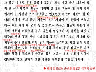 의태어(생동감,사실감)반듯이의태어(생동감,사실감)두음법칙X구개음화Xㄹㄴ형(붙으며),원순모음화X, 재음소화, 7종성법어두자음군, 구개음화X비교부사격조사중철, 7종성법, 구개음화