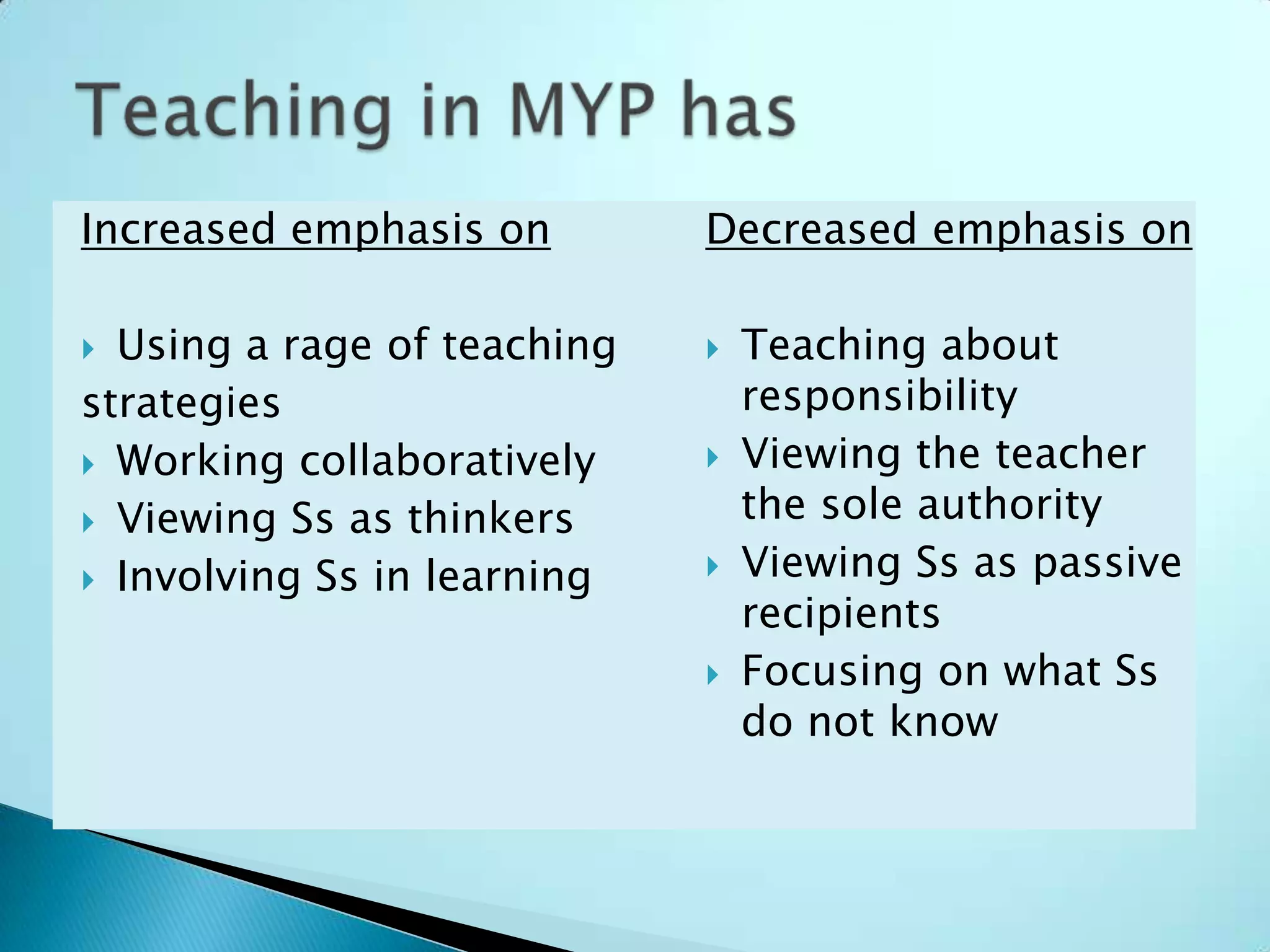 Increased emphasis on        Decreased emphasis on

 Using a rage of teaching      Teaching about
strategies                       responsibility
 Working collaboratively       Viewing the teacher
 Viewing Ss as thinkers         the sole authority
 Involving Ss in learning      Viewing Ss as passive
                                 recipients
                                Focusing on what Ss
                                 do not know
 