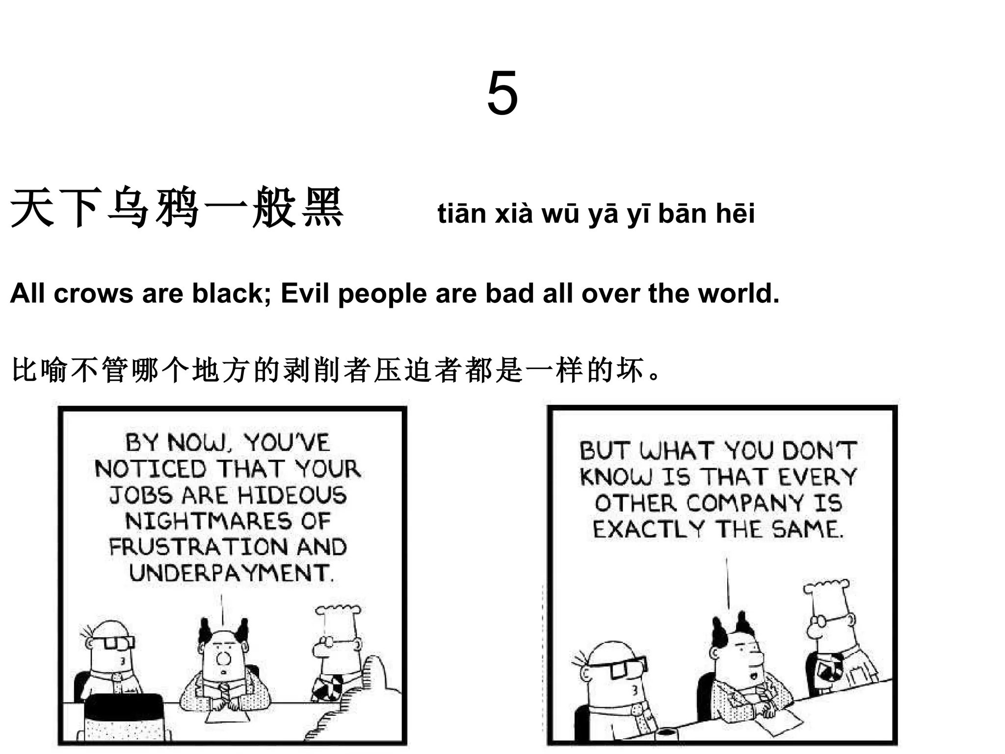 5 天下乌鸦一般黑  tiān xià wū yā yī bān hēi All crows are black; Evil people are bad all over the world. 比喻不管哪个地方的剥削者压迫者都是一样的坏。  