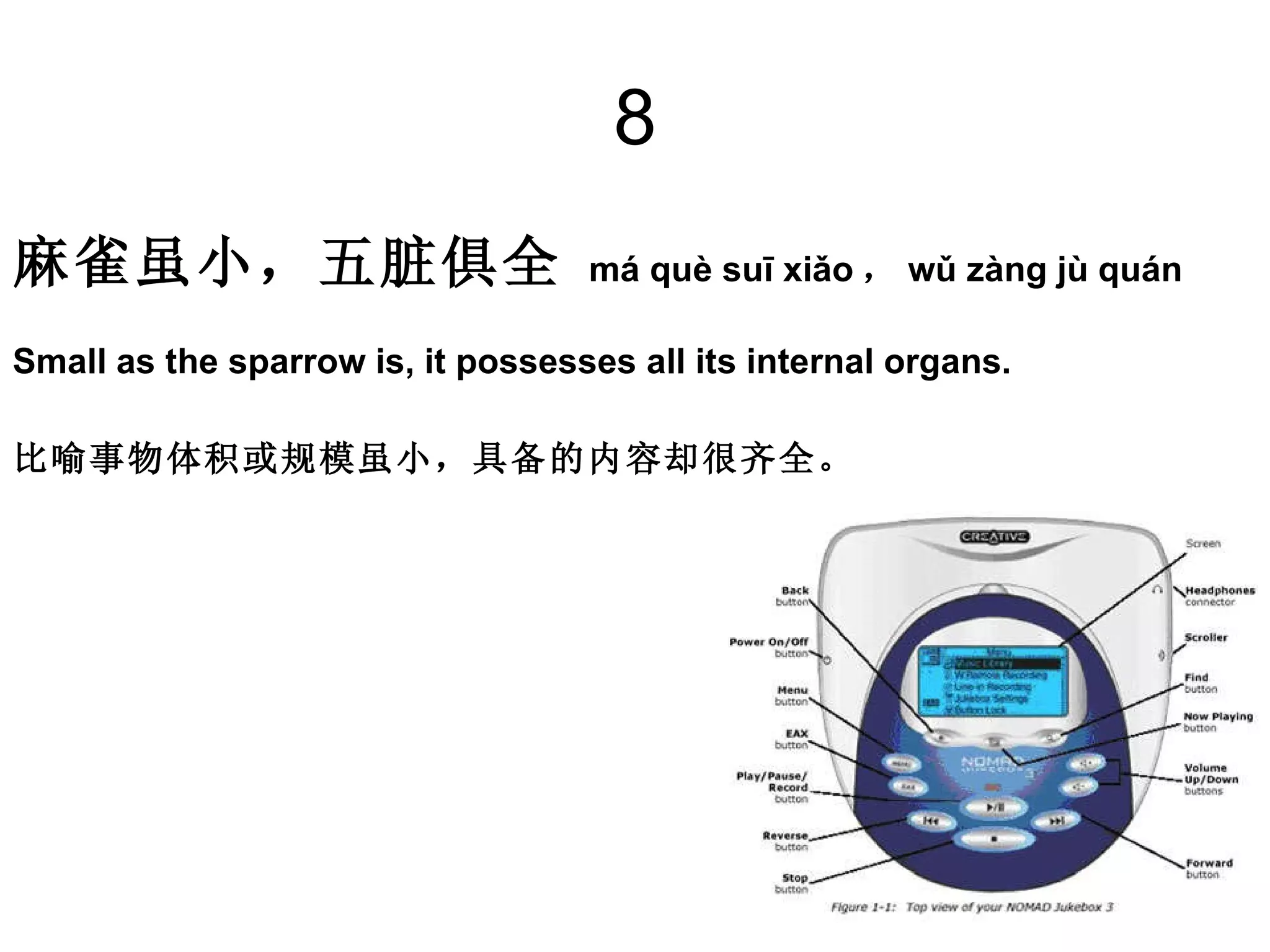 8 麻雀虽小，五脏俱全   má què suī xiǎo ， wǔ zàng jù quán Small as the sparrow is, it possesses all its internal organs. 比喻事物体积或规模虽小，具备的内容却很齐全。 