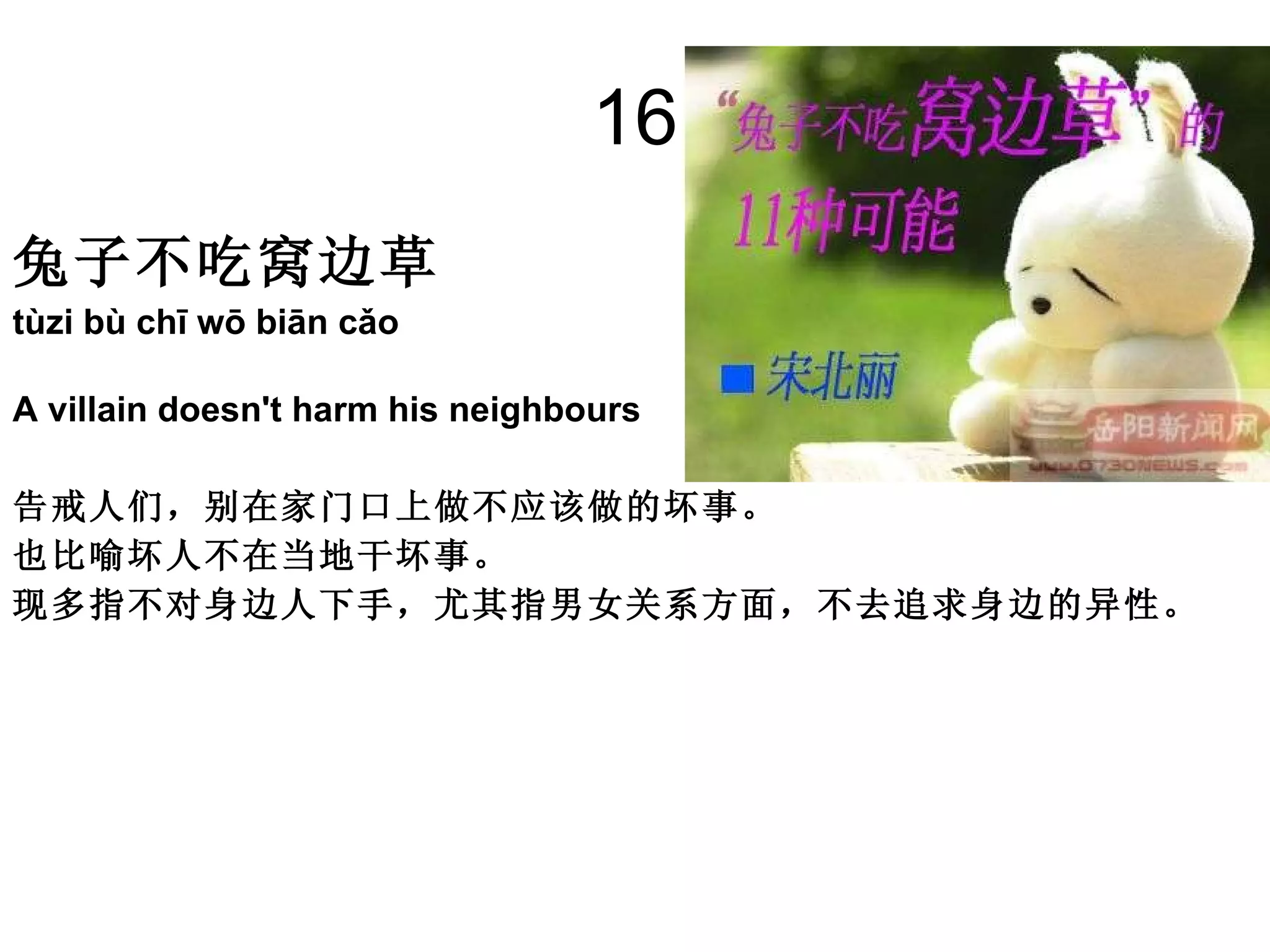 16 兔子不吃窝边草   tùzi bù chī wō biān cǎo A villain doesn't harm his neighbours  告戒人们，别在家门口上做不应该做的坏事。 也比喻坏人不在当地干坏事。 现多指不对身边人下手，尤其指男女关系方面，不去追求身边的异性。 