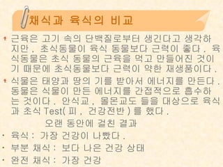 채식과 육식의 비교 근육은 고기 속의 단백질로부터 생긴다고 생각하지만, 초식동물이 육식 동물보다 근력이 좋다. 육식동물은 초식 동물의 근육을 먹고 만들어진 것이기 때문에 초식동물보다 근력이 약한 재생품이다.  식물은 태양과 땅의 기를 받아서 에너지를 만든다. 동물은 식물이 만든 에너지를 간접적으로 흡수하는 것이다. 안식교, 몰몬교도 들을 대상으로 육식과 초식Test(피, 건강전반)를 했다.  오랜 동안에 걸친 결과 육식: 가장 건강이 나빴다. 부분 채식: 보다 나은 건강 상태 완전 채식: 가장 건강 