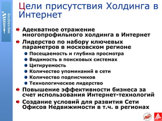 Цели присутствия Холдинга в
Интернет
Адекватное отражение
многопрофильного холдинга в Интернет
Лидерство по набору ключевых
параметров в московском регионе
  Посещаемость и глубина просмотра
  Видимость в поисковых системах
  Цитируемость
  Количество упоминаний в сети
  Количество подписчиков
  Технологическое лидерство
Повышение эффективности бизнеса за
счет использования Интернет-технологий
Создание условий для развития Сети
Офисов Недвижимости в т.ч. в регионах
 