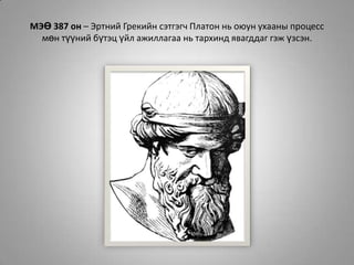 МЭӨ 387 он – Эртний Грекийн сэтгэгч Платон нь оюун ухааны процесс мөн түүний бүтэц үйл ажиллагаа нь тархинд явагддаг гэж үзсэн.
