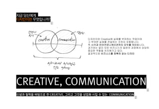 디자인이란 Creative에 실체를 부여하는 작업이며
그 부여한 실체를 전달하는 것까지 포합합니다.
즉 시각과 언어커뮤니케이션까지 모두를 의미합니다.
과거와는 달리 모든 비즈니스의 일련의 과정에서 상당히
중요한 역할을 차지해가고 있다.
결과적으로 비즈니스를 정확히 읽는 디자인
 