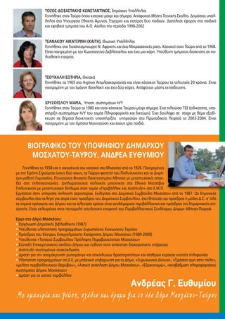 ΤΟΖΟΣ-ΔΟΞΑΣΤΑΚΗΣ ΚΩΝΣΤΑΝΤΙΝΟΣ, δημόσιος Υπάλληλος
                 Γεννήθηκε στον Ταύρο όπου κατοικεί μέχρι και σήμερα. Απόφοιτος Μέσης Τεχνικής Σχολής. Δημόσιος υπάλ-
                 ληλος στο Υπουργείο Εθνικής Άμυνας. Έγγαμος και πατέρας δυο παιδιών. Διατέλεσε έφορος στα παιδικά
                 και εφηβικά τμήματα του Α.Ο. Αίολος την περίοδο 1998-2002


                 ΤΣΑΝΑΚΟΥ ΑΙΚΑΤΕΡΙΝΗ (ΚΑΙΤΗ), Ιδιωτική Υπάλληλος
                 Γεννήθηκε στο Γιοχάνεσμπουργκ Ν. Αφρικής και έχει Μικρασιατικές ρίζες. Κατοικεί στον Ταύρο από το 1968.
                 Είναι παντρεμένη με τον Κωνσταντίνο Δεβλέτογλου και έχει μια κόρη. Υπεύθυνη τμήματος διοίκησης σε πο-
                 λυεθνική εταιρεία.



                 ΤΣΟΥΚΑΛΗ ΣΩΤΗΡΙΑ, Οικιακά
                 Γεννήθηκε το 1965 στο Αγρίνιο Αιτωλοακαρνανίας και είναι κάτοικος Ταύρου τα τελευταία 20 χρόνια. Είναι
                 παντρεμένη με τον Ιωάννη Βασιλάκη και έχει δύο κόρες. Απόφοιτος μέσης εκπαίδευσης.


                 ΧΡΥΣΟΓΕΛΟΥ ΜΑΡΙΑ, Yποστ. συστημάτων Η/Υ
                 Γεννήθηκε στον Ταύρο το 1980 και είναι κάτοικος Ταύρου μέχρι σήμερα. Έχει τελειώσει ΤΕΕ (ειδικοτητα, υπο-
                 στήριξη συστημάτων Η/Υ του τομέα Πληροφορικής και δικτύων). Έχει δουλέψει σε stage με θέμα εξειδί-
                 κευση σε θέματα διοικητικής υποστήριξης υπηρεσιών στο Πρωτοδικείο Πειραιά το 2003-2004. Είναι
                 παντρεμένη με τον Χρήστο Ντουντούση και έχουν τρία παιδιά.




      ΒΙΟΓΡΑΦΙΚΟ ΤΟΥ ΥΠΟΨΗΦΙΟΥ ΔΗΜΑΡΧΟΥ
       ΜΟΣΧΑΤΟΥ-ΤΑΥΡΟΥ, ΑΝΔΡΕΑ ΕΥΘΥΜΙΟΥ
    Γεννήθηκε το 1958 και η οικογένειά του κατοικεί στο Μοσχάτο από το 1926. Παντρεμένος
με την Ειρήνη Στρούμπα έχουν δύο γιους, το Γιώργο-φοιτητή του Πολυτεχνείου και το Δημή-
τρη-μαθητή Γυμνασίου, Πτυχιούχος Φυσικής Πανεπιστημίου Αθηνών με μεταπτυχιακές σπου-
δές στις τηλεπικοινωνίες. Διπλωματούχος πολιτικός μηχανικός στο Εθνικό Μετσόβιο
Πολυτεχνείο με μεταπτυχιακό δίπλωμα στον τομέα «Περιβάλλον και Ανάπτυξη» στο Ε.Μ.Π.
Εργάζεται στην υπηρεσία πολιτικής αεροπορίας. Εκλέγεται στο Δημοτικό Συμβούλιο Μοσχάτου από το 1987. Ως δημοτικός
σύμβουλος έχει εκλεγεί για σειρά ετών πρόεδρος του Δημοτικού Συμβουλίου, έχει θητεύσει ως πρόεδρος ή μέλος Δ.Σ. σ΄ όλα
τα νομικά πρόσωπα του Δήμου και τα τελευταία χρόνια είναι αντιδήμαρχος περιβάλλοντος και πρόεδρος της δημαρχιακής επι-
τροπής. Είναι εκλεγμένος στην πενταμελή εκτελεστική επιτροπή του Περιβαλλοντικού Συνδέσμου Δήμων Αθήνας-Πειραιά.

Έργο στο Δήμο Μοσχάτου:
• Οργάνωση Δημοτικής βιβλιοθήκης (1987)
• Υπεύθυνος υλοποίησης προγραμμάτων Ευρωπαϊκού Κοινωνικού Ταμείου
• Πρόεδρος του Κέντρου Επαγγελματικής Κατάρτισης Δήμου Μοσχάτου (1989-2000)
• Υπεύθυνος «Τοπικού Συμβουλίου Πρόληψης Παραβατικότητας Μοσχάτου»
• Σύνταξη Επιχειρησιακού σχεδίου Δήμου και ευθύνη στην απόκτηση διαχειριστικής επάρκειας
• Ανάπτυξη συστημάτων ανακύκλωσης
• Δράση για την απομάκρυνση ρυπογόνων και επικίνδυνων δραστηριοτήτων και σταθμών κεραιών κινητής τηλεφωνίας
• Υλοποίηση προγραμμάτων της Ε.Ε. με μηδενική επιβάρυνση για το Δήμο. «Ευρυζωνικό Δίκτυο», «Πράσινη ζωή στην πόλη»,
«μελέτη περιβαλλοντικού θορύβου», «Αστική ανάπλαση Δήμου Μοσχάτου», «Εξοικονομώ», «αναβάθμιση πληροφοριακού
συστήματος Δήμου Μοσχάτου»
• Δράση για το αστικό περιβάλλον

                                         Ανδρέας Γ. Ευθυμίου
Με εμπειρία και γνώση, σχέδιο και όραμα για το νέο Δήμο Μοσχάτου-Ταύρου
 