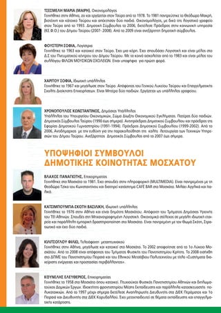 ΤΣΕΣΜΕΛΗ ΜΑΡΙΑ (ΜΑΙΡΗ), Οικονομολόγος
Γεννήθηκε στην Αθήνα, ζει και εργάζεται στον Ταύρο από το 1978. Το 1981 παντρεύτηκε το Θεόδωρο Μακρή,
βιοτέχνη και κάτοικο Ταύρου και απέκτησαν δύο παιδιά. Οικονομολόγος, με δικό της λογιστικό γραφείο
στον Ταύρο από το 1993. Δημοτική Σύμβουλος το 2006, διετέλεσε Πρόεδρος στην κοινωνική υπηρεσία
(ΚΕ.Φ.Ο.) του Δήμου Ταύρου (2007- 2008). Από το 2009 είναι ανεξάρτητη δημοτική σύμβουλος.


ΦΟΥΣΤΕΡΗ ΣΟΦΙΑ, Λογίστρια
Γεννήθηκε το 1963 και κατοικεί στον Ταύρο. Έχει μια κόρη. Έχει σπουδάσει Λογιστική και είναι μέλος στο
Δ.Σ του Πνευματικού κέντρου του Δήμου Ταύρου. Με τα κοινά ασχολείται από το 1983 και είναι μέλος του
συλλόγου ΦΙΛΩΝ ΜΟΥΣΙΚΩΝ ΣΧΟΛΕΙΩΝ. Είναι υποψήφια για πρώτη φορά.



ΧΑΡΙΤΟΥ ΣΟΦΙΑ, Ιδιωτική υπάλληλος
Γεννήθηκε το 1967 και μεγάλωσε στον Ταύρο. Απόφοιτος του Γενικού Λυκείου Ταύρου και Επαγγελματικής
Σχολής Διοίκησης Επιχειρήσεων. Είναι Μητέρα δύο παιδιών. Εργάζεται ως υπάλληλος γραφείου.



ΧΡΟΝΟΠΟΥΛΟΣ ΚΩΝΣΤΑΝΤΙΝΟΣ, Δημόσιος Υπάλληλος
Υπάλληλος του Υπουργείου Οικονομικών, Σώμα Δίωξης Οικονομικού Εγκλήματος. Πατέρας δύο παιδιών.
Δημοτικός Σύμβουλος Ταύρου (1990 έως σήμερα). Αντιπρόεδρος Δημοτικού Συμβουλίου και πρόεδρος της
Εφορίας Δημοτικού Γυμναστηρίου (1991-1994). Πρόεδρος Δημοτικού Συμβουλίου (1999-2002). Από το
2006, Αντιδήμαρχος με την ευθύνη για την παρακολούθηση της καλής λειτουργίας των Τεχνικών Υπηρε-
σιών του Δήμου Ταύρου. Ανεξάρτητος Δημοτικός Σύμβουλος από το 2007 έως σήμερα.



ΥποψHφιοι ΣYμβοΥλοι
ΔημοτικηΣ κοιΝοτητΑΣ MοΣΧΑτοΥ
ΒΛΑΧΟΣ ΠΑΝΑΓΙΩΤΗΣ, Eπιχειρηματίας
Γεννήθηκε στο Μοσχάτο το 1981. Έχει σπουδές στην πληροφορική (MULTIMEDIA). Είναι παντρεμένος με τη
Θεοδώρα Τζίκα του Κωνσταντίνου και διατηρεί κατάστημα CAFÉ BAR στο Μοσχάτο. Μιλάει Αγγλικά και Ιτα-
λικά.


ΚΑΤΣΙΜΠΟΥΜΠΑ-ΣΚΟΤΗ ΒΑΣΙΛΙΚΗ, Ιδιωτική υπάλληλος
Γεννήθηκε το 1976 στην Αθήνα και είναι δημότης Μοσχάτου. Απόφοιτη του Τμήματος Δημόσιας Υγιεινής
του ΤΕΙ Αθηνών. Σπουδές στη Μηχανογραφημένη Λογιστική. Οικονομικό στέλεχος σε μεγάλη ιδιωτική εται-
ρεία και παράλληλη εμπορική δραστηριοποίηση στο Μοσχάτο. Είναι παντρεμένη με τον Θωμά Σκότη, Στρα-
τιωτικό και έχει δύο παιδιά.


ΚΙΛΙΤΣΟΓΛΟΥ ΦΙΛΙΩ, Tελειόφοιτη μεταπτυχιακού
Γεννήθηκε στην Αθήνα, μεγάλωσε και κατοικεί στο Μοσχάτο. Το 2002 αποφοίτησε από το 1ο Λύκειο Μο-
σχάτου. Από το 2008 είναι απόφοιτος του Τμήματος Φυσικής του Πανεπιστημίου Κρήτης. Το 2008 εισήχθη
στο ΔΠΜΣ του Πανεπιστημίου Πειραιά και του Εθνικού Μετσόβιου Πολυτεχνείου με τίτλο «Συστήματα δια-
χείρισης ενέργειας και προστασίας περιβάλλοντος».


ΚΟΥΝΕΛΗΣ ΕΛΕΥΘΕΡΙΟΣ, Eπιχειρηματίας
Γεννήθηκε το 1958 στο Μοσχάτο όπου κατοικεί. Πτυχιούχος Φυσικός Πανεπιστημίου Αθηνών και διπλωμα-
τούχος Δομικών Έργων. Ιδιοκτήτης φροντιστηρίου Μέσης Εκπαίδευσης και παράλληλα κατασκευαστής πο-
λυκατοικιών. Από το 1997 μέχρι σήμερα διετέλεσε Αναπληρωτής Διευθυντής στα ΔΙΕΚ Περάματος και 1ο
Πειραιά και Διευθυντής στα ΔΙΕΚ Κορυδαλλού. Έχει μετεκπαιδευτεί σε θέματα εκπαίδευσης και επαγγελμα-
τικής κατάρτισης.
 