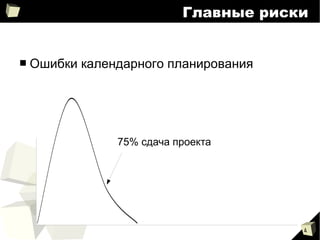 4
Главные риски
■ Ошибки календарного планирования
75% сдача проекта
 